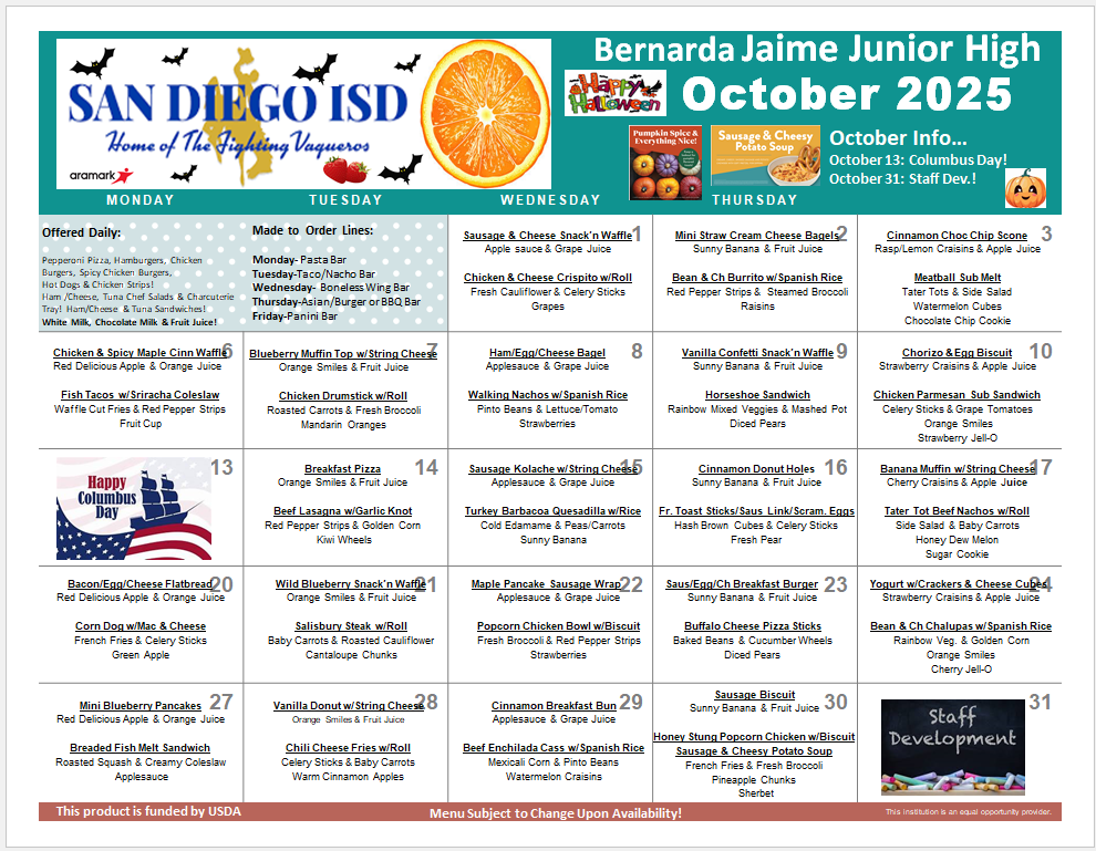 Bernarda Jaime Junior High October 2025 Menu
