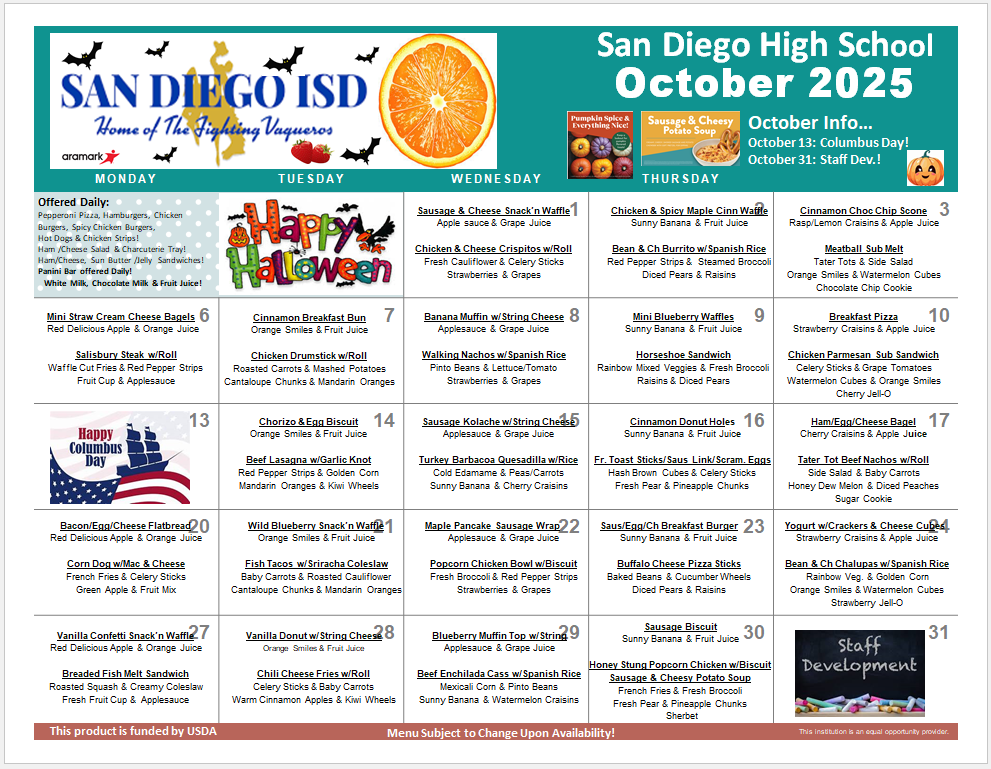 San Diego High School October 2025 Menu