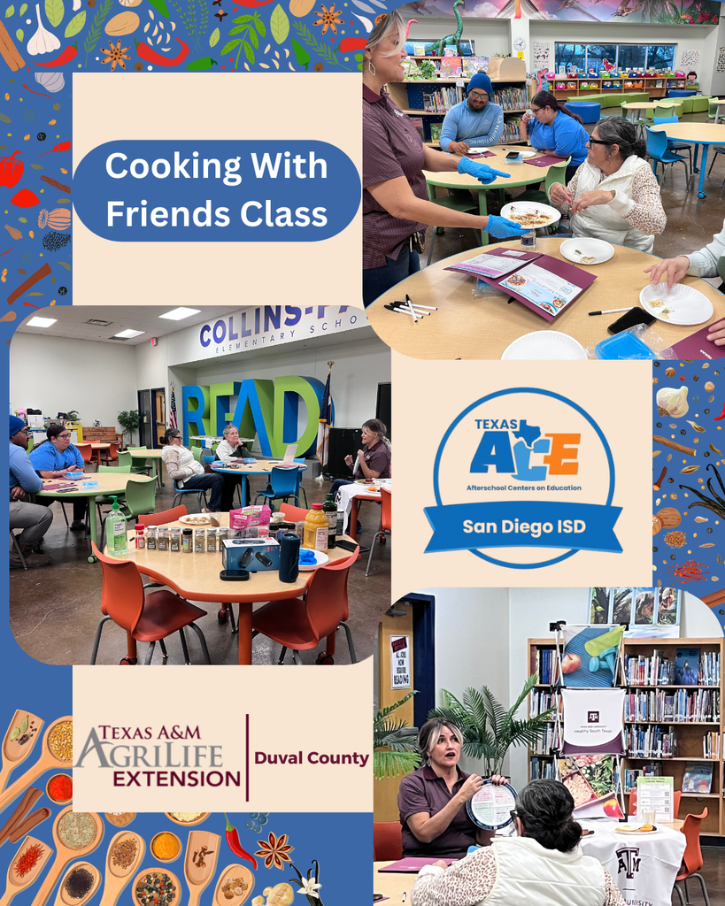 🍽️ Cooking With Friends – Session 1 Parents kicked off our Cooking With Friends course with Texas AgriLife Extension Agent Marisa Garza! Participants sampled spice rubs and marinades while learning about balanced dinner plates, including proper servings of protein, vegetables, and fruits. A great start to healthy family meals!