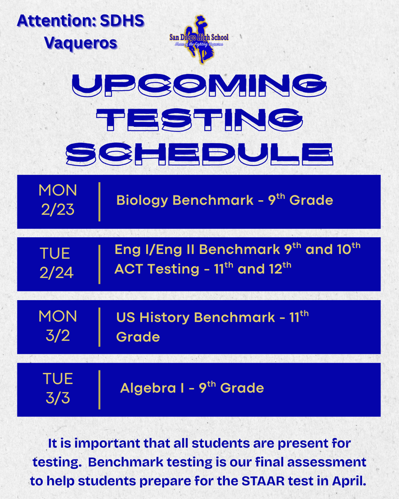 Upcoming Testing Schedule