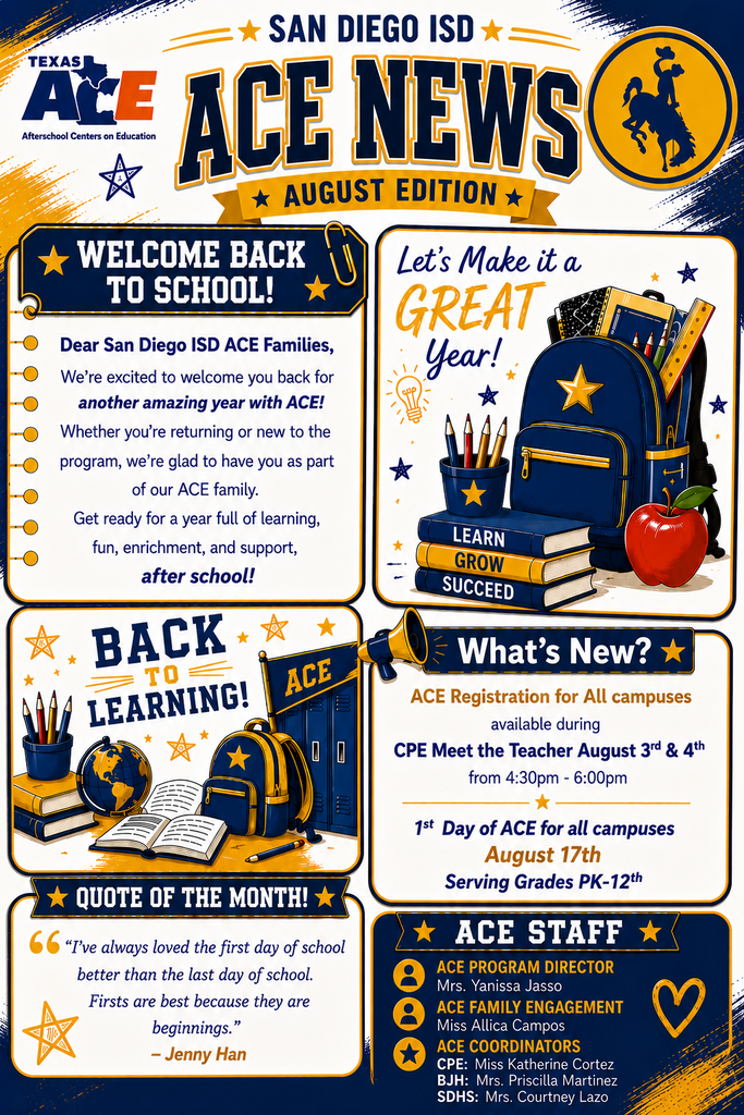 ACE Registration for all campuses during CPE Meet the teacher august 3rd and 4th from 4:30pm to 6:00pm. first day of ACE is August 17th, and we are serving grades PK-12th