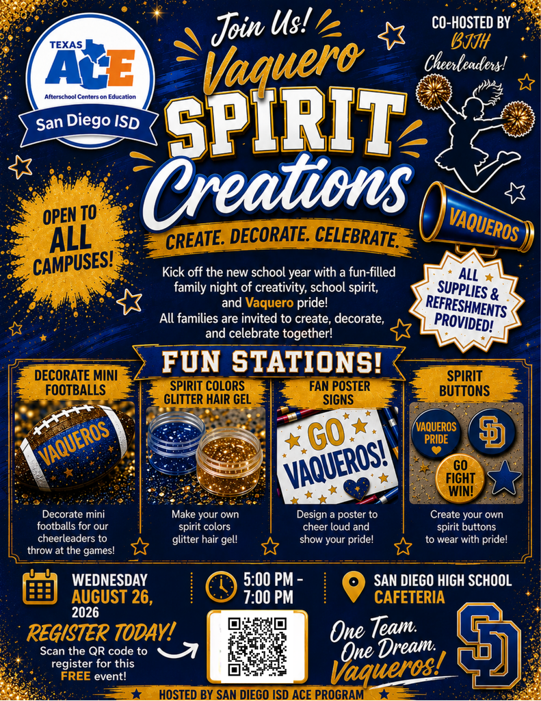 decorate mini footballs, make school spirirt glitter gel, posters and buttons August 26 with ACE from 5-7pm at the San Diego High School Cafeteria.