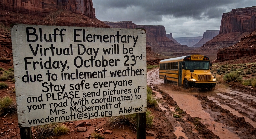 Bus driving in a muddy road next to a sign saying the school will be closed tomorrow.
