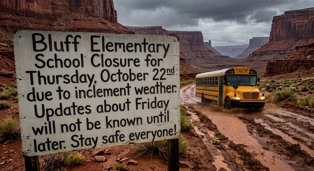 A bus is driving through the mud by a sign that says school will be closed on October 22nd.
