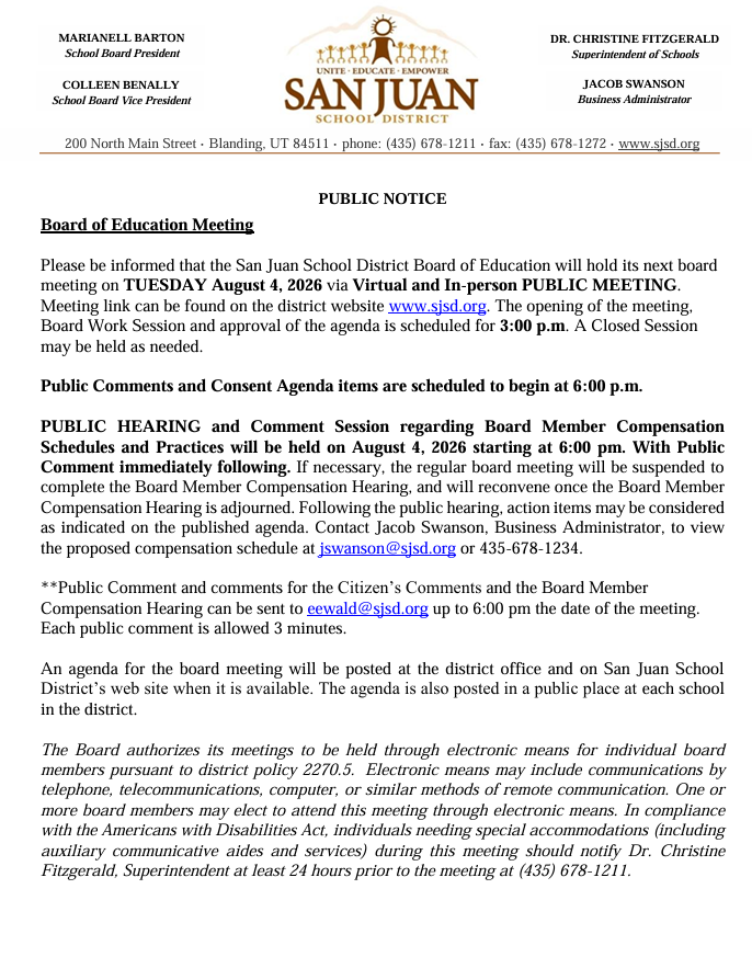 San Juan School District Board of Education Meeting
