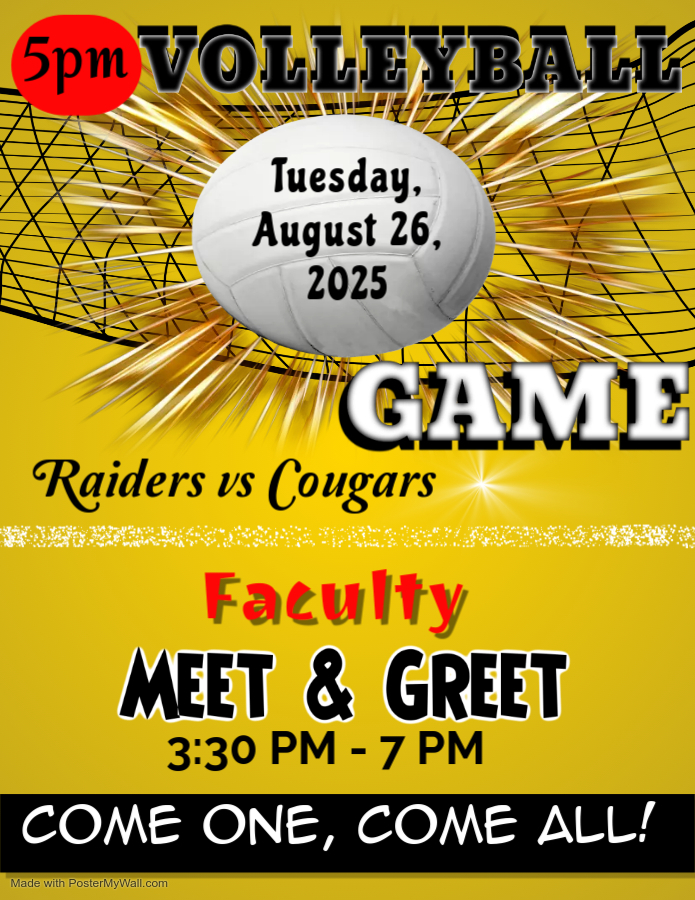 The Back-to-School Meet & Greet with Faculty is on Tuesday, August 26, from 3:30-7 pm. We are also hosting the Home Volleyball game vs MV starting at 5 pm with concessions by Cross Country. We invite all to join us; standard admission rates for the Volleyball game apply.