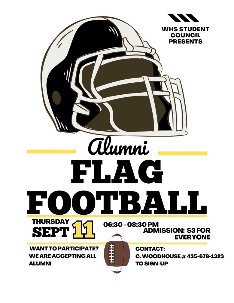 Alumni Flag Football is Thursday, September 11, at 6:30 pm. Participants need to call 435.678.1323 to get signed up.