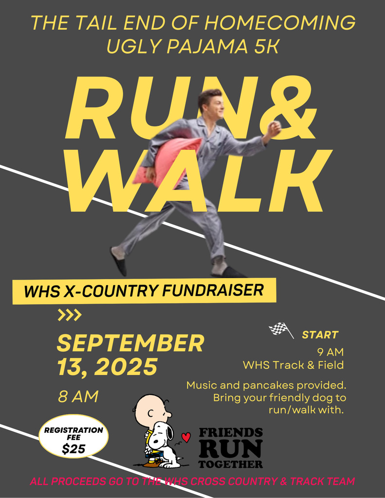 Be sure to come out in your Ugly Pajamas on Saturday, September 13, at 8 am for the 5K Run and Walk and to support the Cross Country Team!