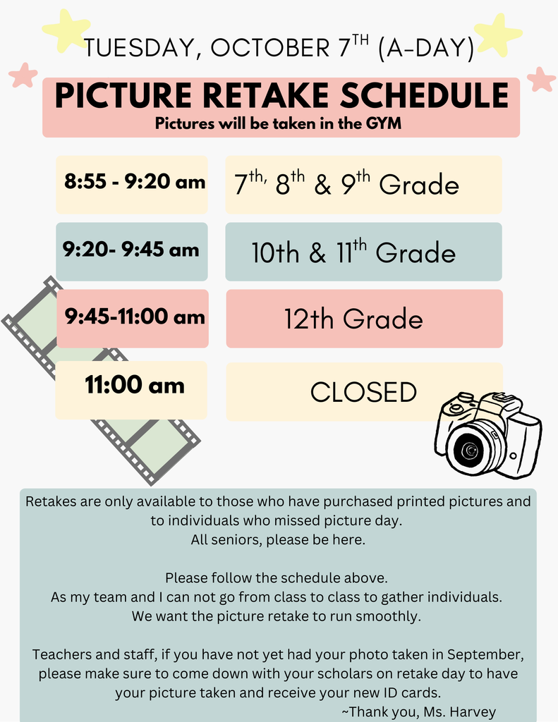 Picture Retake Day is Tuesday, October 7. This is available only to those who purchased printed pictures and to individuals who missed Picture Day in September. We want to be sure all Seniors attend.