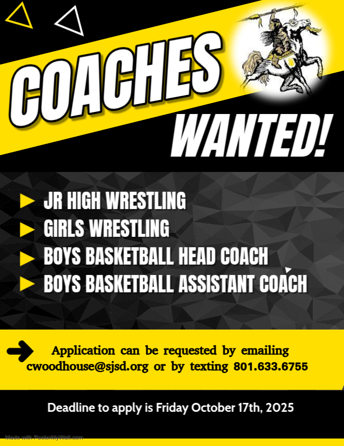 We want coaches! Please request an application from cwoodhouse@sjsd.org or by texting 801.633.6755 and plan to apply no later than Friday, October 17.