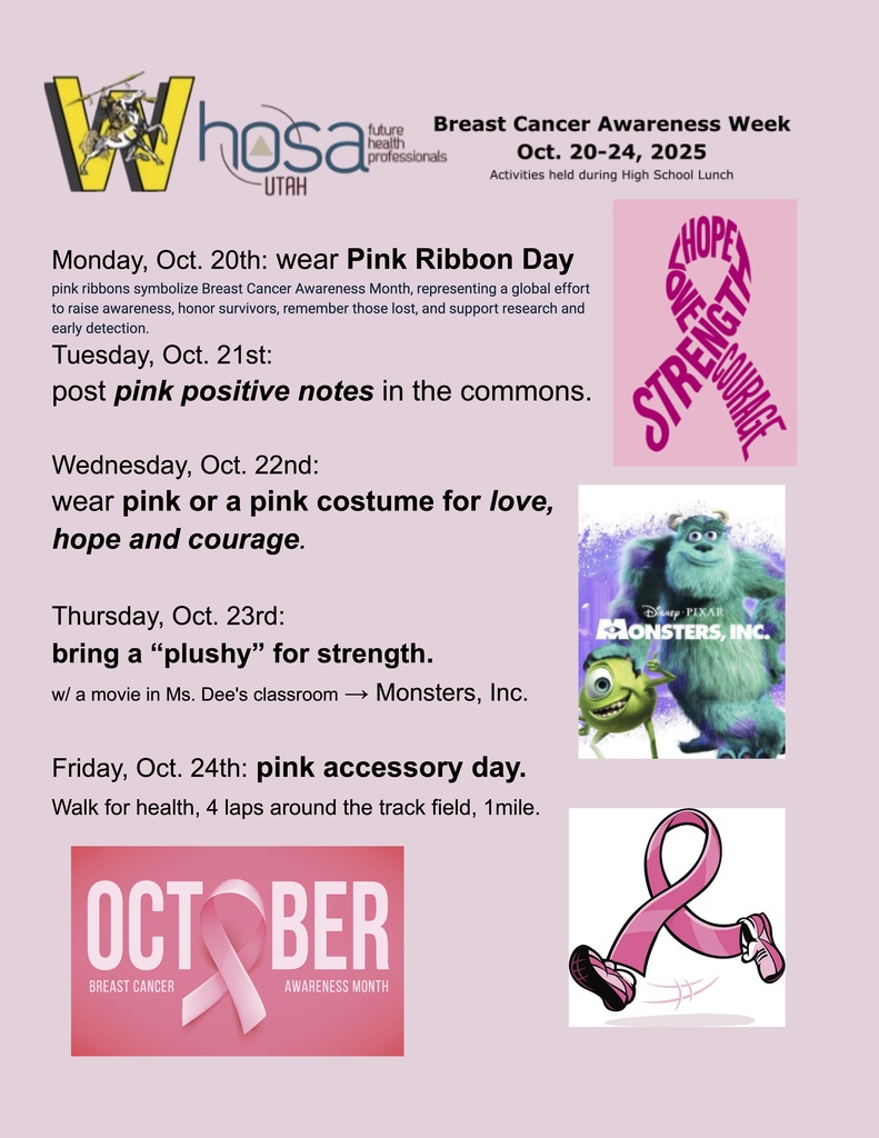 Join HOSA in raising awareness for Breast Cancer. Monday, October 24, is wear a pink ribbon day and Tuesday will be posting positive notes in the Scholar Commons.