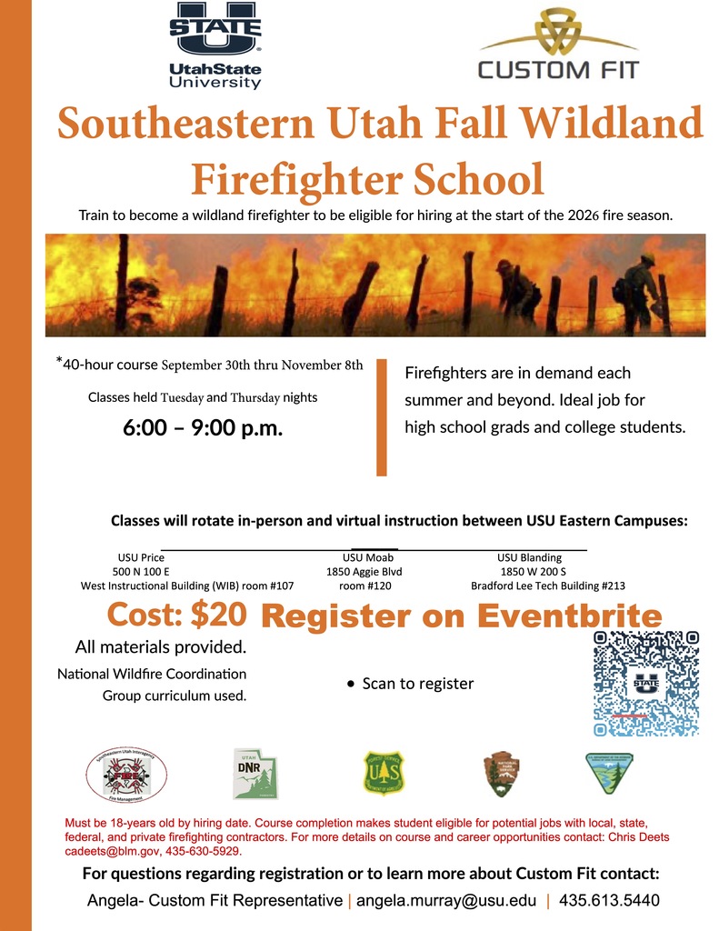 The training will be at the USU campus in Blanding. If anyone would like to join this training please scan the QR code and register for the class. The classes will be Tuesday and Thursday night 6-9 from Oct 30 thru Nov 8. Call 435.613.5440 for more infromation.