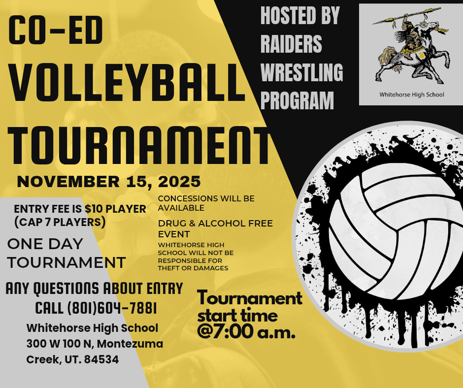 The Raiders Wrestling Team is hosting a Co-Ed Volleyball Tournament on Saturday, November 15, starting at 7 am. Call 801.604.7881 to register your team!