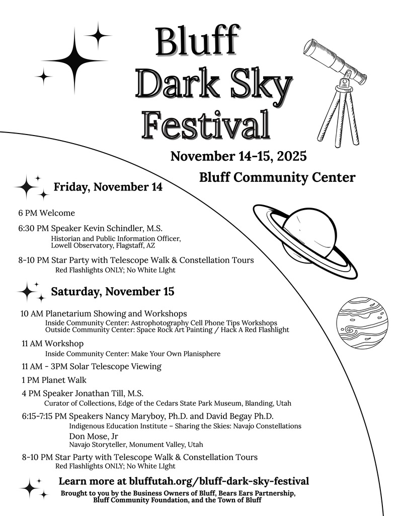 Bluff is hosting a free Dark Sky Festival this Friday and Saturday. Everyone is invited! Students and families can enjoy the indoor planetarium, planet walk, or workshops on Saturday while stargazers of all ages join us for speakers and telescope tours (~15 telescopes!) both evenings at the community center, rain or shine.