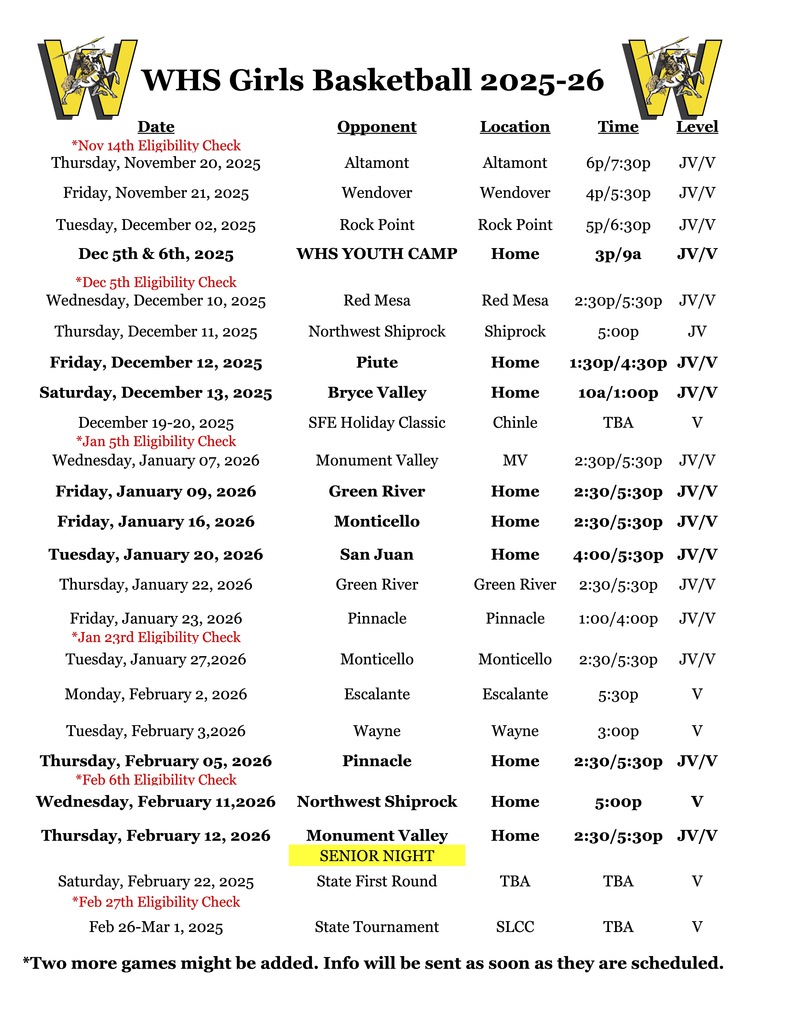 The Girls' Basketball Team invites all to home and away games; the most updated schedule will be on our website calendar, using this URL: https://whitehorse-high.sjsd.org/o/whs/events