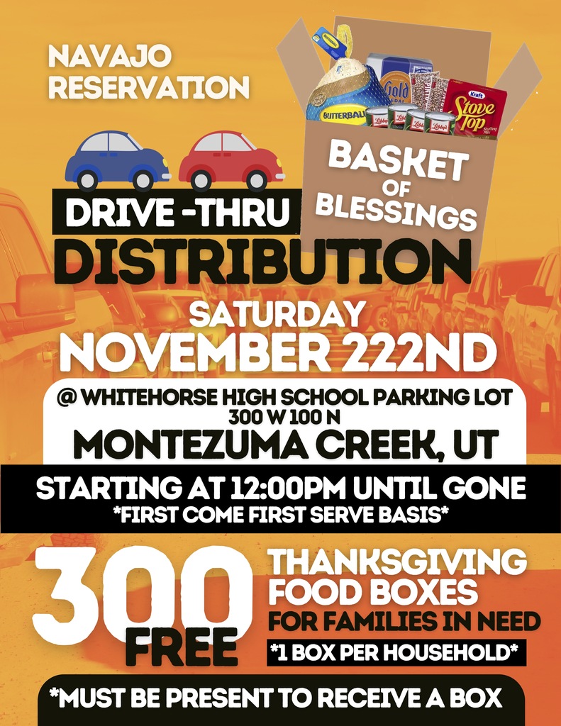 Basket of Blessings is running a Drive-Thru Distribution on Saturday, November 22, starting at noon. This is a first come, first served situation and only 1 box per household is available.