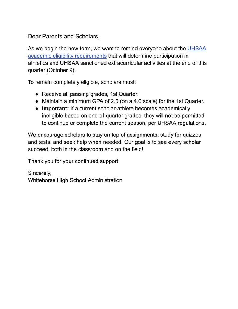 Also, this is a friendly reminder about maintaining a GPA of 2.0 or better to be eligible for sports/activities in 3rd quarter. This is a UHSAA requirement and more information is at this URL: https://uhsaa.org/Publications/Handbook/Handbook.pdf