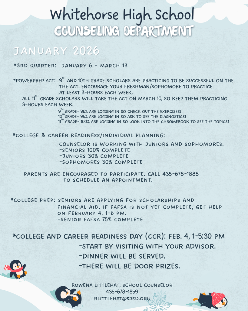 The Counseling Department is supporting practice for the ACT, College & Career Readiness planning, and College prep with FAFSA and scholarships. Please save the date for February 4, 1-5:30 pm so you can join us for CCR Day in the Gym!
