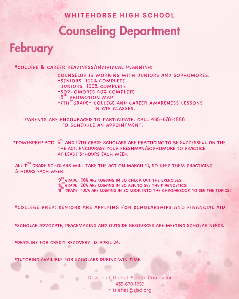 Thanks for joining us on February 5 for College & Career Readiness Day. (If you missed us, check out the Counseling Overview for February and contact School Counselor Rowena Littlehat for more details: rlittlehat@sjsd.org or 435.678.1859.)
