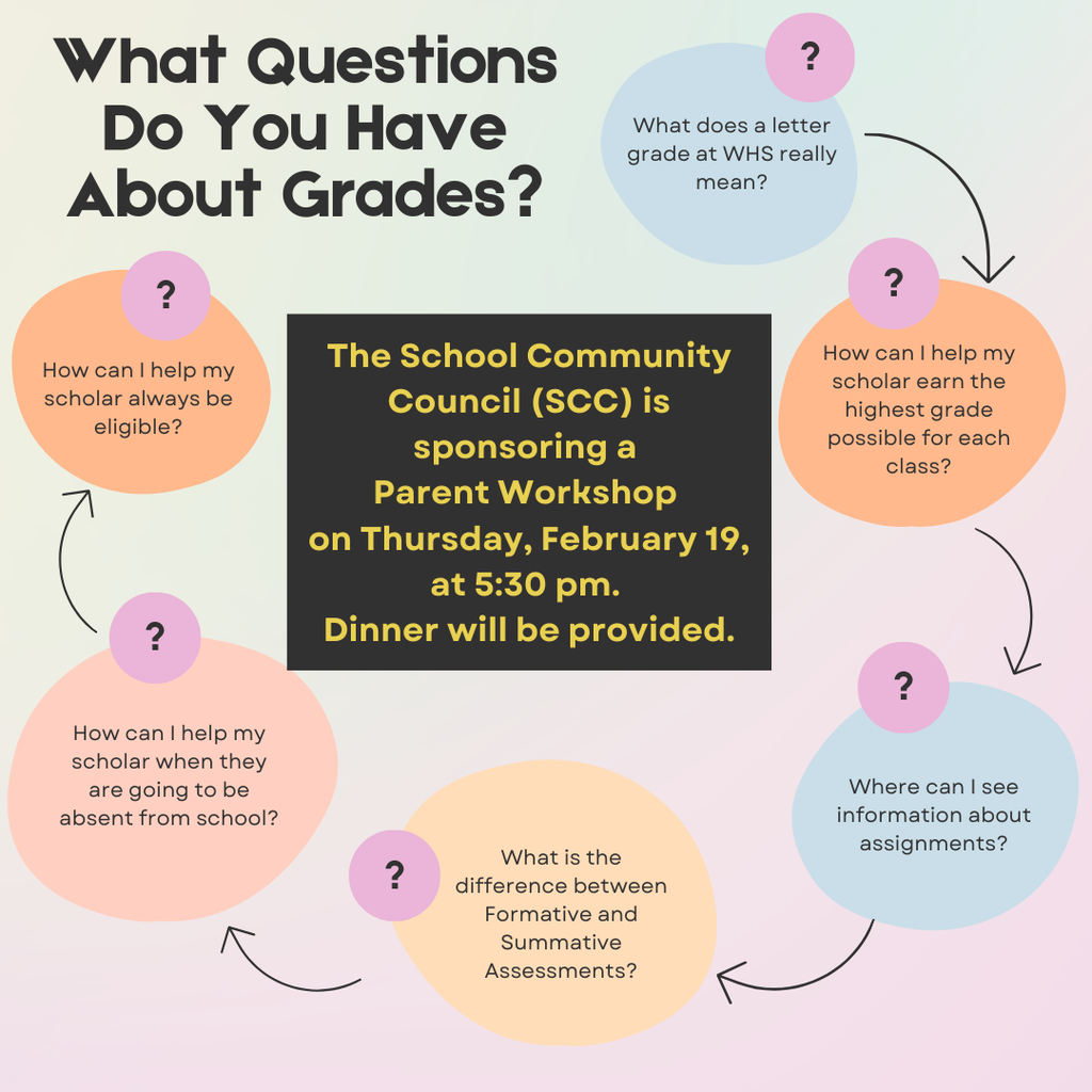 Be sure to save the date for the Parent Workshop about Grading sponsored by the School Community Council (SCC) on Thursday, February 19, at 5:30 pm in the Library with dinner provided!
