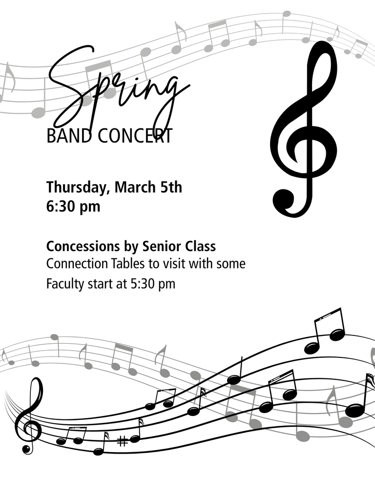 Spring Concert is today (March 5), at 6:30 pm with some faculty available at the Connections Tables starting at 5:30 pm.