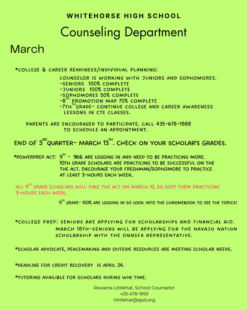 March 2026 updates from Counseling Department.