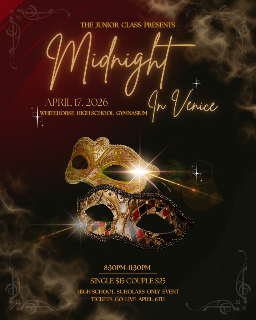 The Junior Class presents "Midnight in Venice" for High School Prom on Friday, April 17, starting at 8:30 pm. Tickets go on sale during high school lunch on Monday, April 6: $15 = single and $25 = couple.