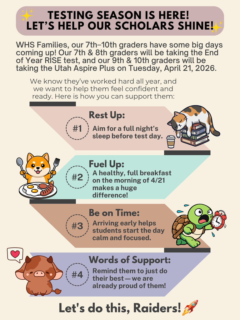 Testing season is here! Let's help our scholars shine! The Test Date is Tuesday, April 21, and please help your scholar get rest on Monday night, eat breakfast, and bring a charged Chromebook (with charging cable).