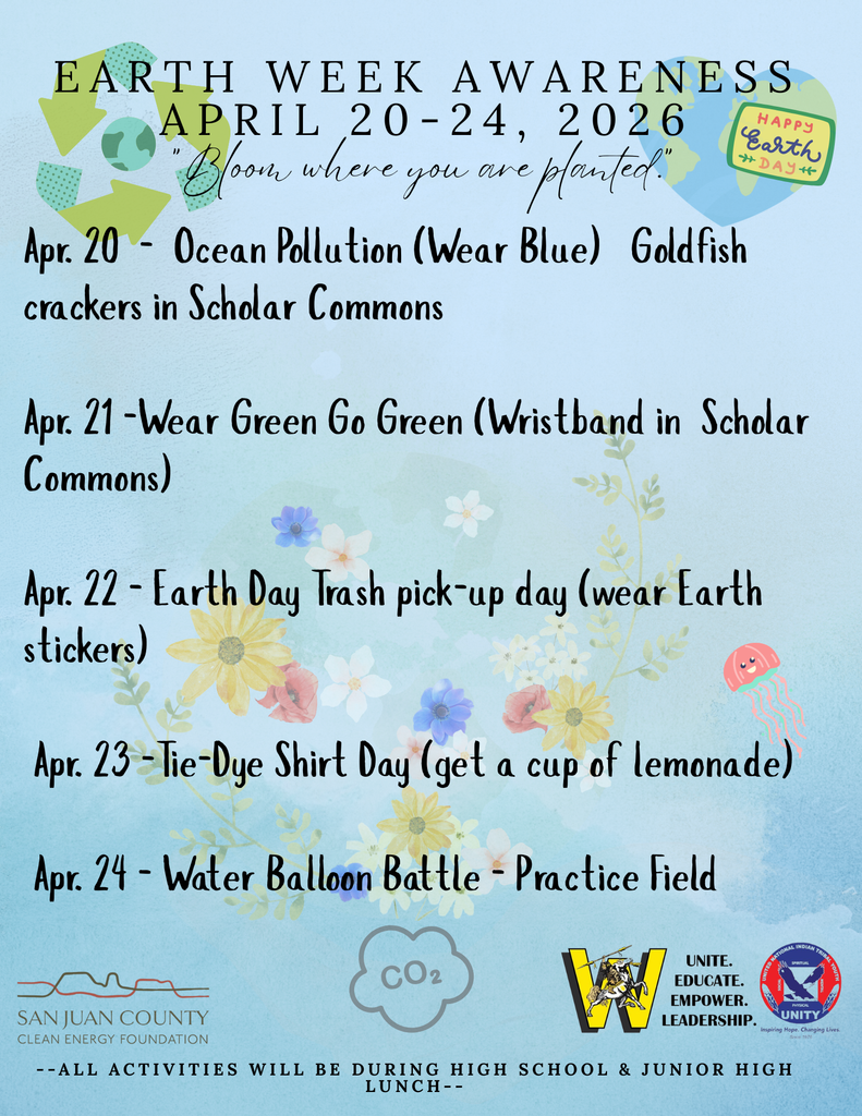 UNITY will be hosting Earth Week Awareness for April 20-24 with activities during lunch. Monday, April 20, is "wear blue" day with goldfish crackers in the Scholar Commons.