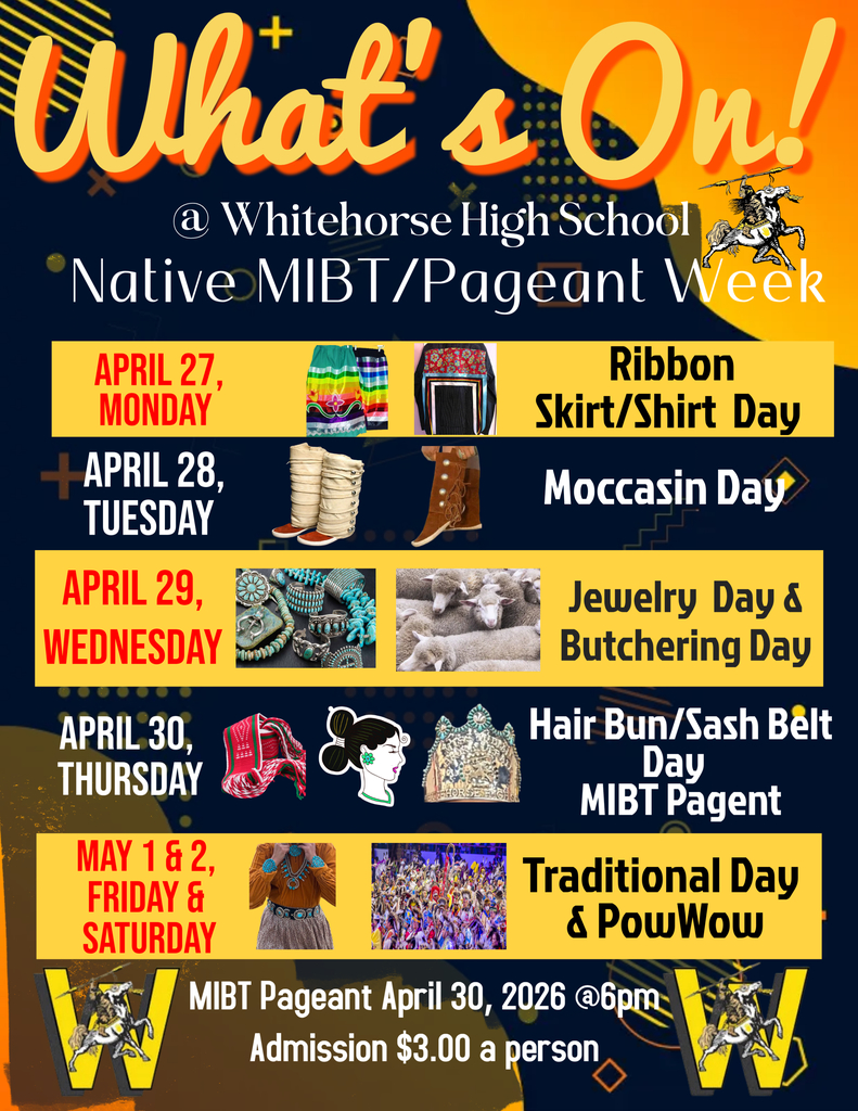 Next week (April 27-May 1) is Native MIBT/Pageant Week. Monday is Ribbon Skirt/Shirt Day, Tuesday is Moccasin Day, Wednesday is Jewelry & Butchering Day, Thursday is Hair Bun/Sash Belt Day and the Pageant with a $3 admission charge, and Friday is Traditional Day with the Pow Wow.