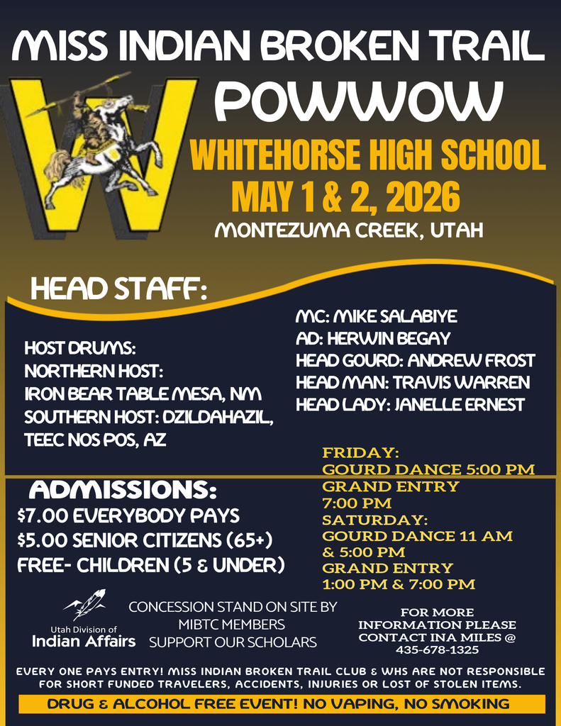 The Miss Indian Broken Trail (MIBT) Pow Wow is on May 1 with Gourd at 5 pm and Grand Entry at 7 pm. We also host on Saturday, May 2, with Goard at 11 am and 5 pm AND Grand Entry at 1 pm and 7 pm. Come out and support dancers, singers, and the MIBT Club Concessions!