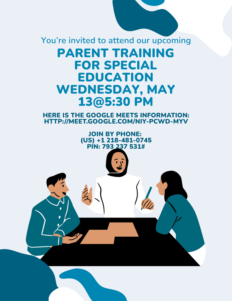 We invite parents and guardians of scholars with an IEP to join this google meets training about Special Education tomorrow (May 13) at 5:30 pm. Copy/paste this URL into an Internet browser: meet.google.com/niy-pcwd-myv Join by phone ‪(US) +1 218-481-0745‬ PIN: ‪793 237 531‬#