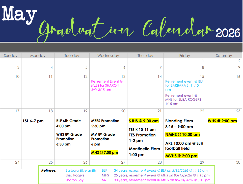 SJSD Graduation Calendar