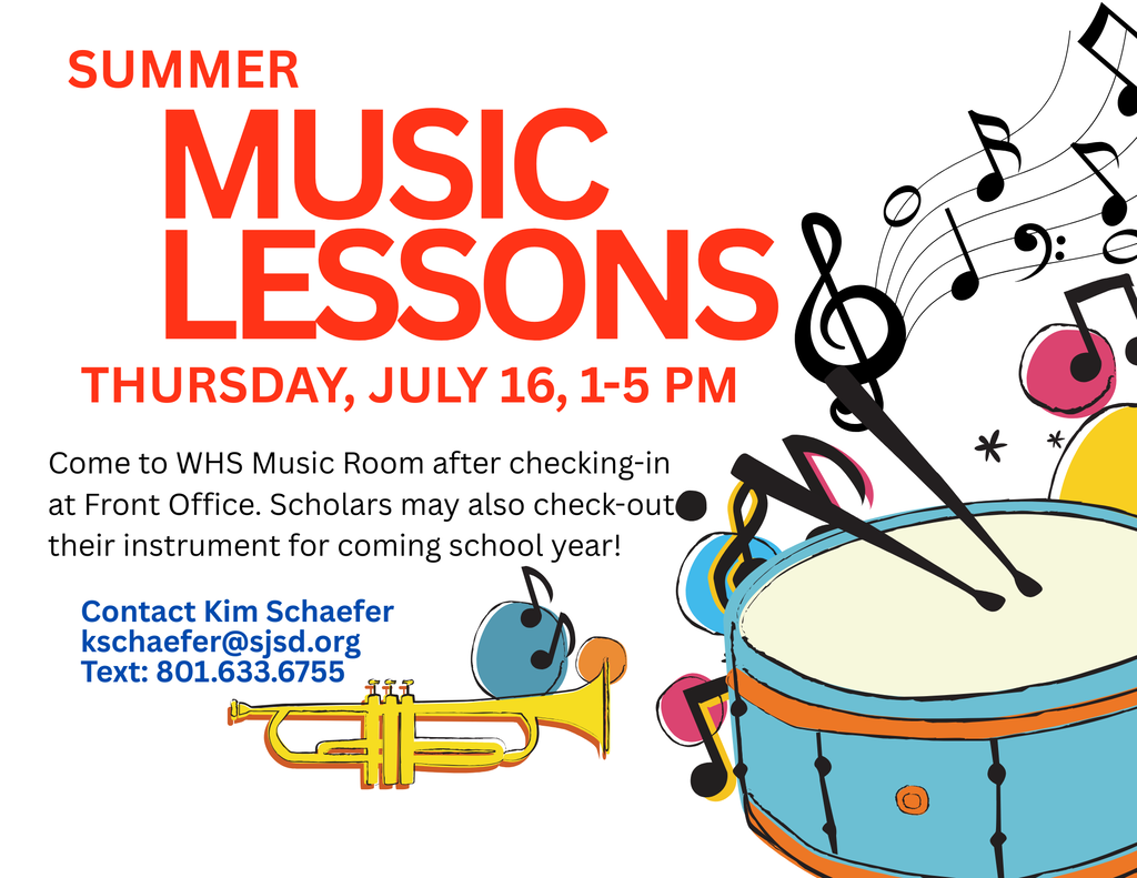 Free Music Lessons on Thursday, July 16, from 1-5 pm in the Music Room. WHS scholars in grades 8-12 may also check-out their band instruments to start practicing!