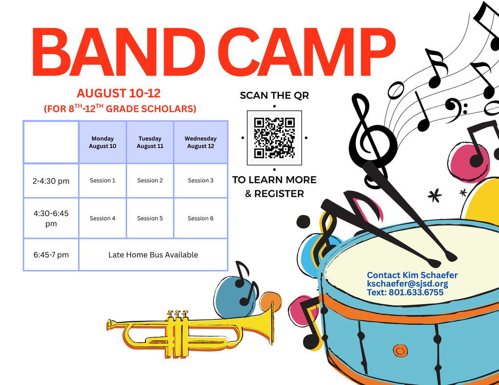 Please register for the University of Utah Band Camp at WHS. The sessions run Monday, August 10, through Wednesday, August 12, from 2-4:30 pm and/or from 4:30-6:45 pm. Partcipants may ride the Late Home Bus which leaves campus at 7 pm (and scholar athletes can attend the sessions each day from 2-4:30 pm and still make athletic practices).