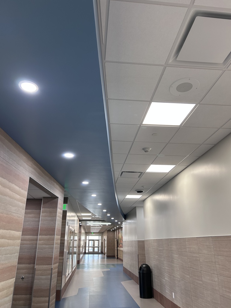 A hallway with white ceilings and wooden walls. The floor is gray. A trash can is placed on the right side.