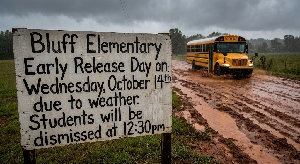 A bus drives on a muddy road. A sign on the left states "Bluff Elementary Early Release Day on Wednesday, October 14th due to weather."