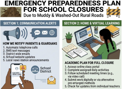 An infographic shows two sections. Left section lists ways to notify parents about school closures. Right section shows a student using a laptop.