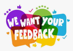 Multi-colored speech bubbles with words "WE WANT YOUR FEEDBACK" in white and thumbs-up icons on white background
