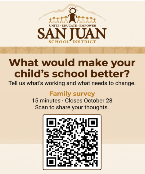 Advertisement for San Juan School District family survey, asking for feedback on what works and what needs change.