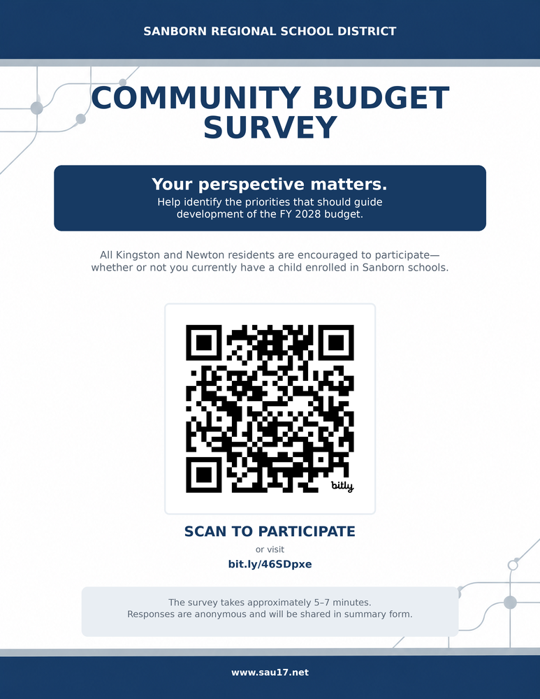 “Sanborn Regional School District Community Budget Survey poster inviting all Kingston and Newton residents to participate. The survey takes approximately five to seven minutes, and responses are anonymous. A QR code and the address bit.ly/46SDpxe provide access to the survey.”