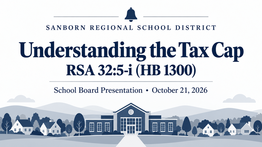Sanborn Regional School District graphic reading “Understanding the Tax Cap — RSA 32:5-i (HB 1300). School Board Presentation • October 21, 2026.” A bell appears above the text, with an illustrated school and neighborhood below, in navy blue, gray, and white.