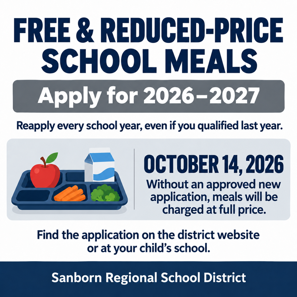 Social media graphic from Sanborn Regional School District about free and reduced-price school meals. A school lunch tray with an apple, milk, carrots, and broccoli appears beside the October 14, 2026 deadline. The text asks families to reapply for the 2026–2027 school year, even if they qualified last year. It states that without an approved new application, meals will be charged at full price. Applications are available on the district website or at a child’s school.