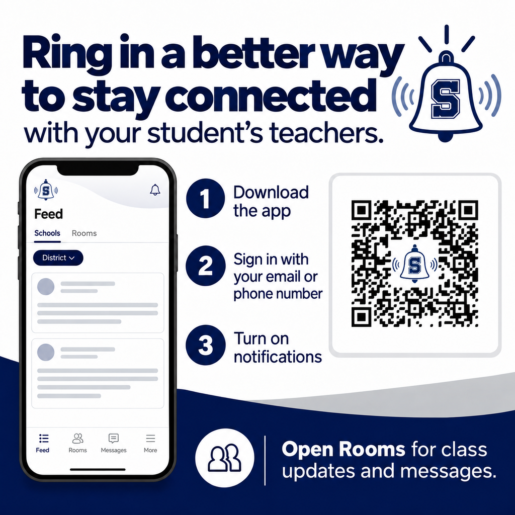 Sanborn graphic with a ringing bell and the message, “Ring in a better way to stay connected with your student’s teachers.” It shows three steps: download the app, sign in with an email address or phone number, and turn on notifications. A phone illustration highlights Rooms for class updates and messages. A QR code links to the app download.