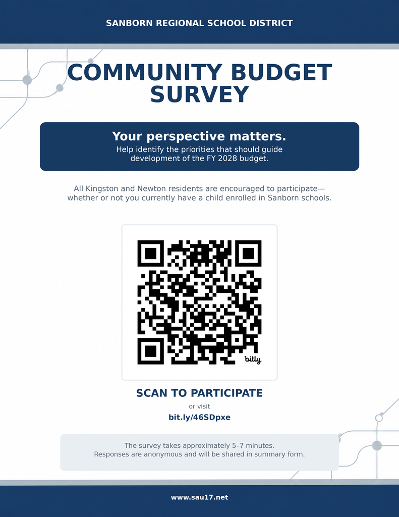 “Sanborn Regional School District Community Budget Survey poster inviting all Kingston and Newton residents to participate. The survey takes approximately five to seven minutes, and responses are anonymous. A QR code and the address bit.ly/46SDpxe provide access to the survey.”