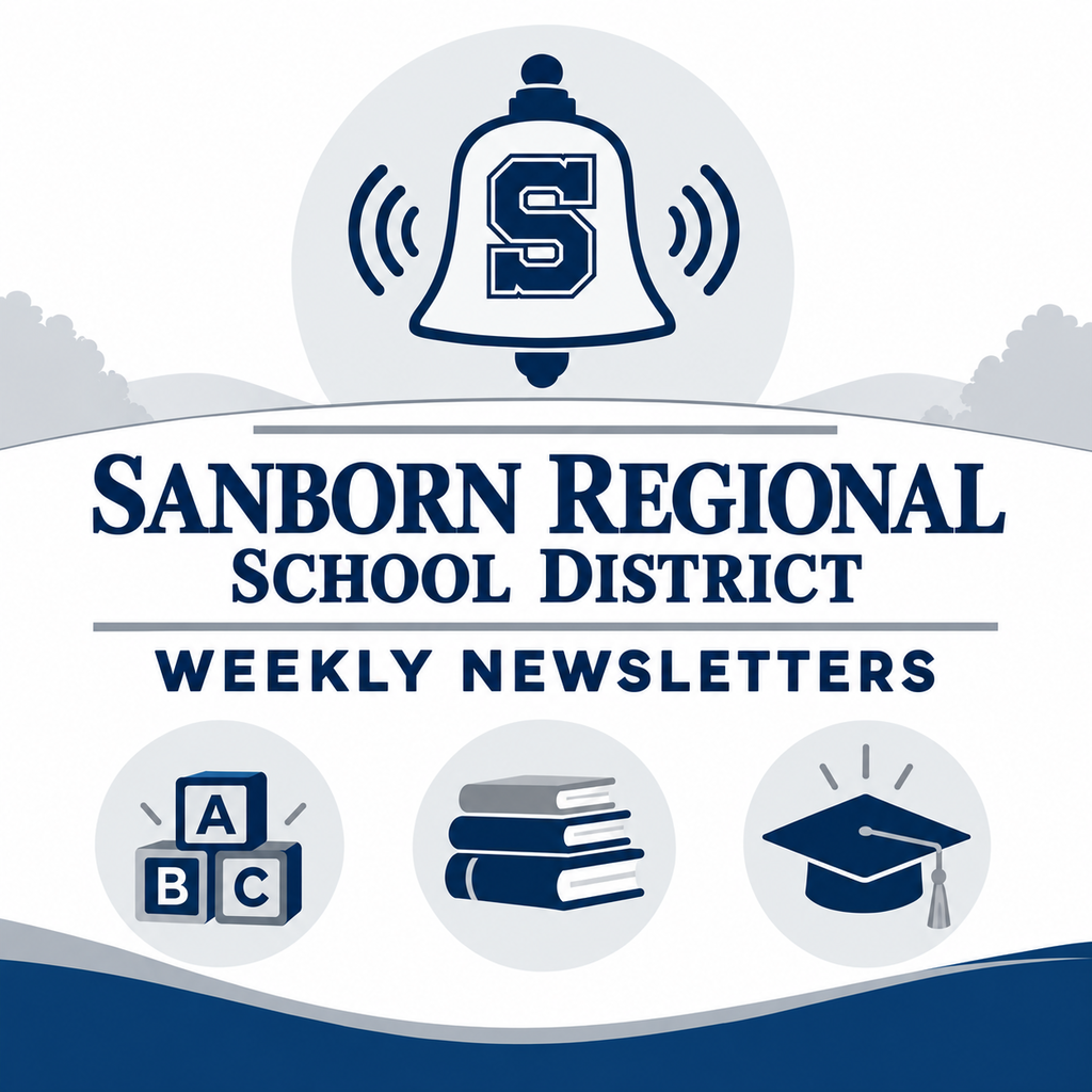 Square graphic on a white background. At the top, the Sanborn “S” appears inside a navy bell with ringing lines on both sides. Below it, navy text reads “Sanborn Regional School District” and “Weekly Newsletters.” Three icons along the bottom show alphabet blocks, books, and a graduation cap. Gray accents and a navy wave complete the design.
