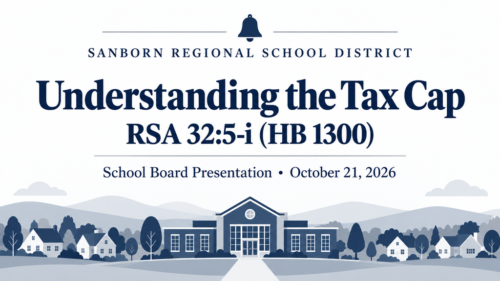 Sanborn Regional School District graphic reading “Understanding the Tax Cap — RSA 32:5-i (HB 1300). School Board Presentation • October 21, 2026.” A bell appears above the text, with an illustrated school and neighborhood below, in navy blue, gray, and white.