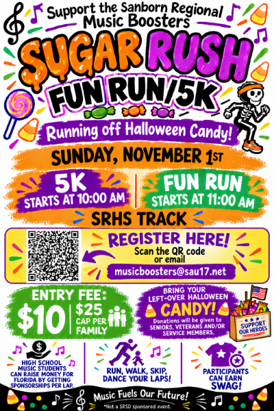 Color orange purple and green flyer with candy pieces promoting a fun run for health.