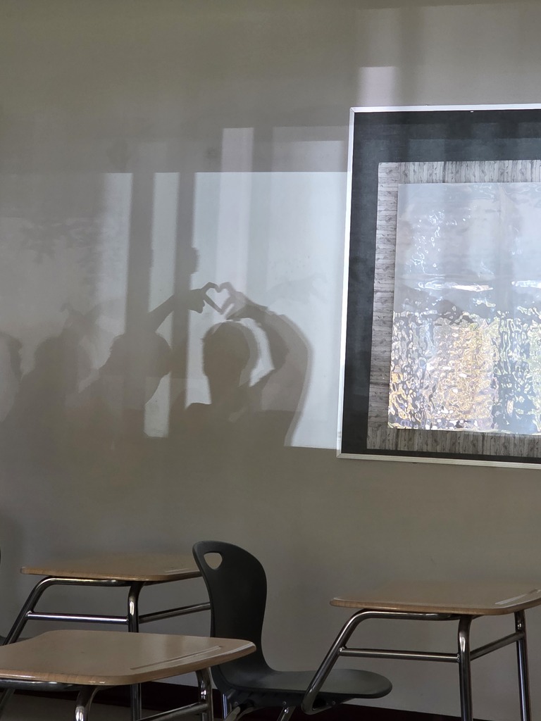 A few days ago, students needed a break from working on their physics review.  Two of them decided to have fun with shadows.  They were sitting about 8 feet apart and were very pleased when they pulled this off.  The whole class cheered and they got back to work.  