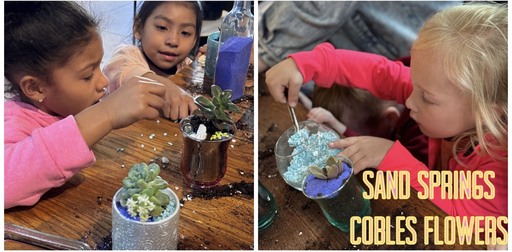 Children are potting plants at Cobles Flowers in Sand Springs, OK.